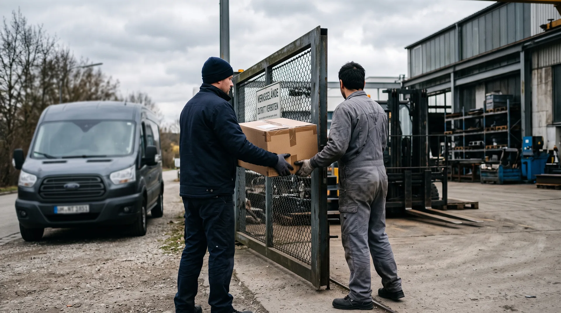 Fahrer übergibt ein verpacktes Ersatzteil am Werkstor